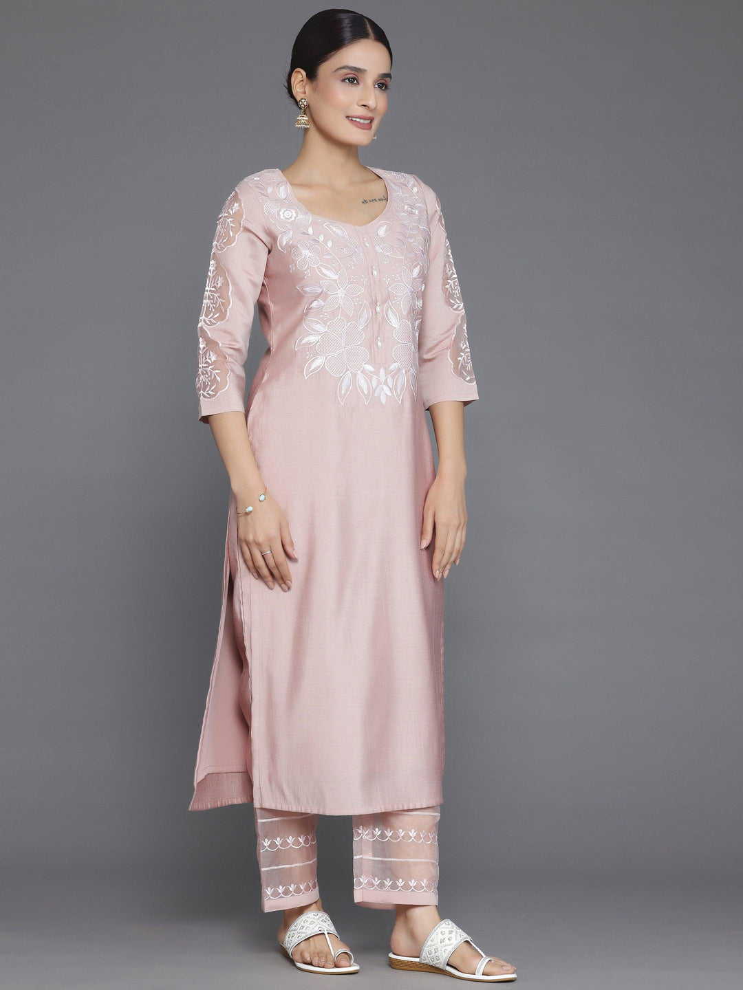 Peach Yoke Design Silk Blend Straight Suit With Dupatta - Libas