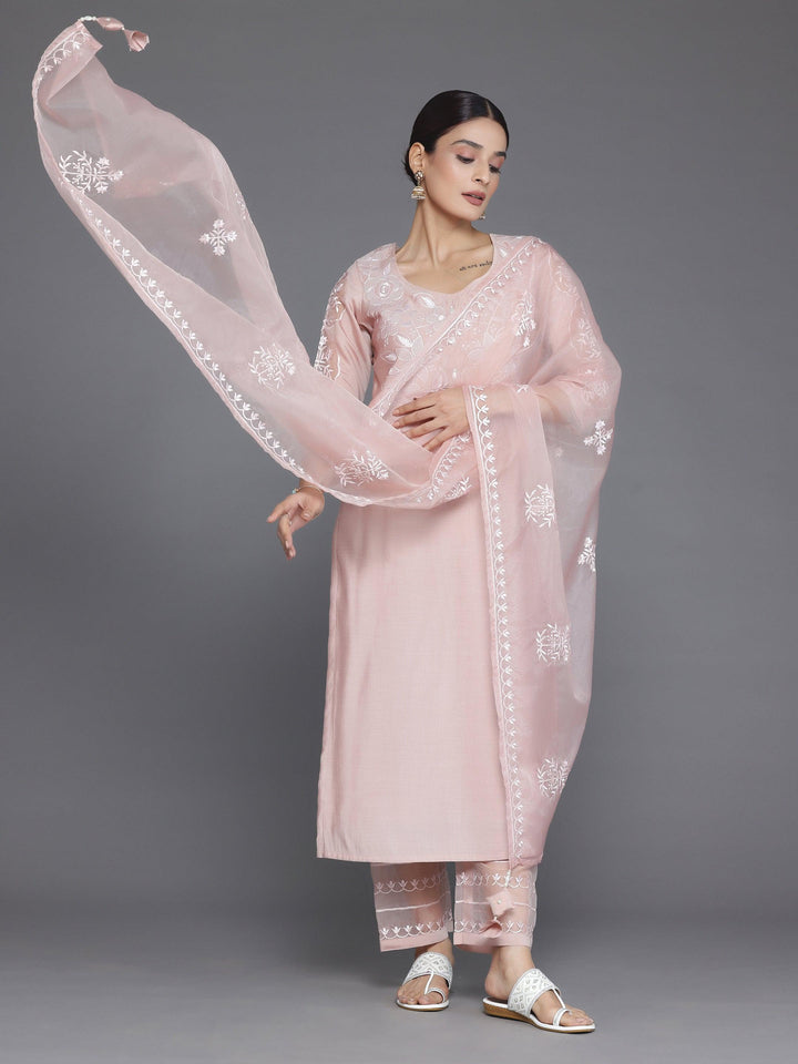 Peach Yoke Design Silk Blend Straight Suit With Dupatta - Libas