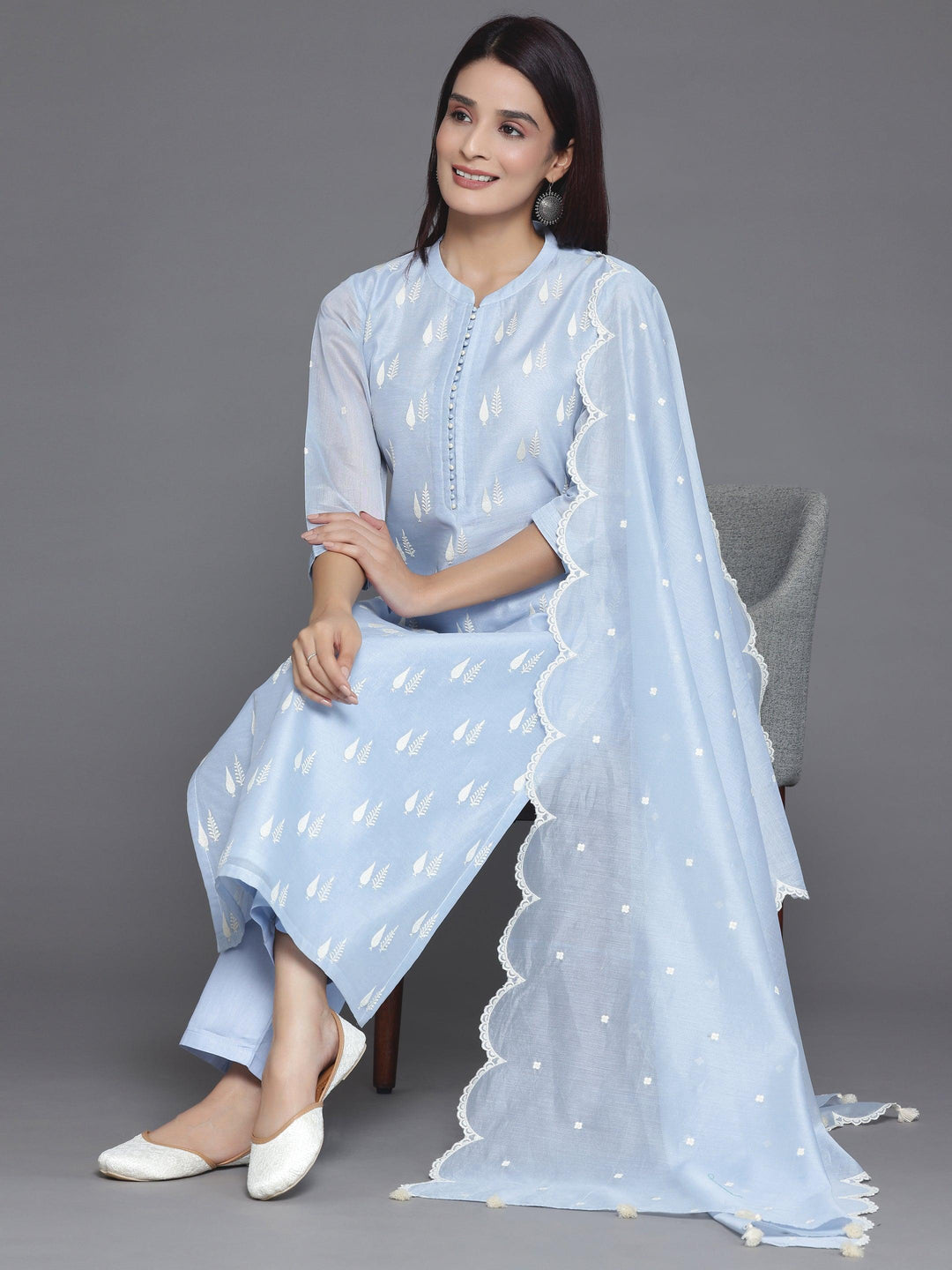 Blue Embroidered Chanderi Silk Straight Suit With Dupatta - Libas