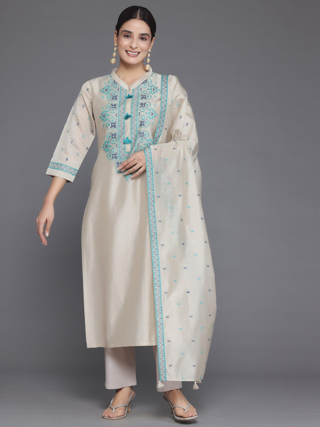 Beige Yoke Design Chanderi Silk Straight Suit With Dupatta - Libas