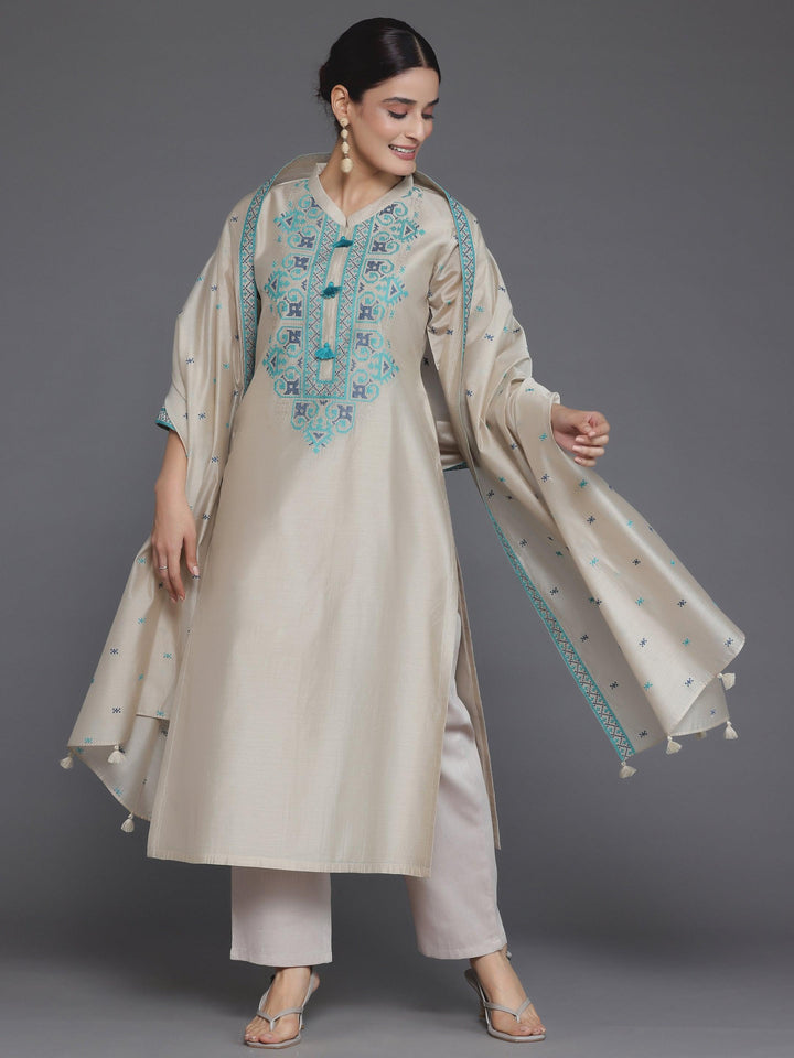 Beige Yoke Design Chanderi Silk Straight Suit With Dupatta - Libas