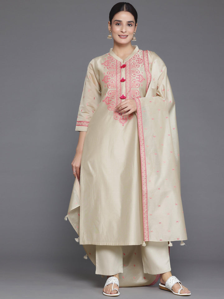 Beige Yoke Design Chanderi Silk Straight Suit With Dupatta - Libas