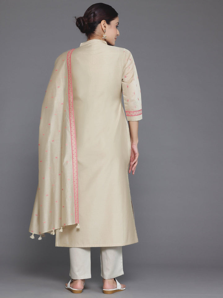 Beige Yoke Design Chanderi Silk Straight Suit With Dupatta - Libas