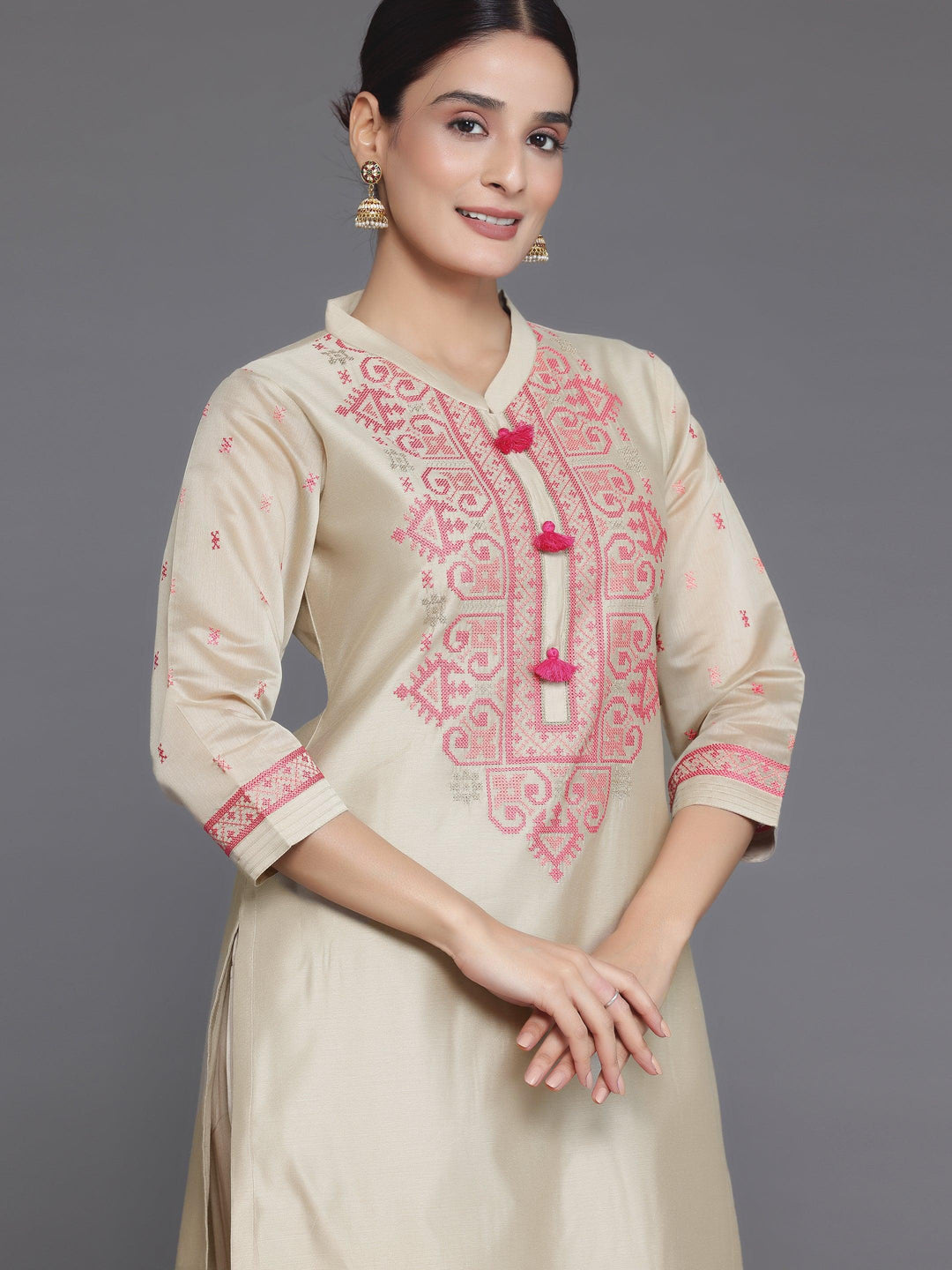 Beige Yoke Design Chanderi Silk Straight Suit With Dupatta - Libas