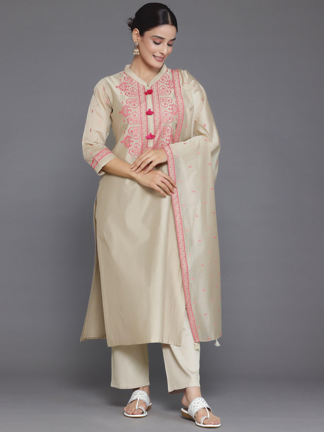 Beige Yoke Design Chanderi Silk Straight Suit With Dupatta - Libas