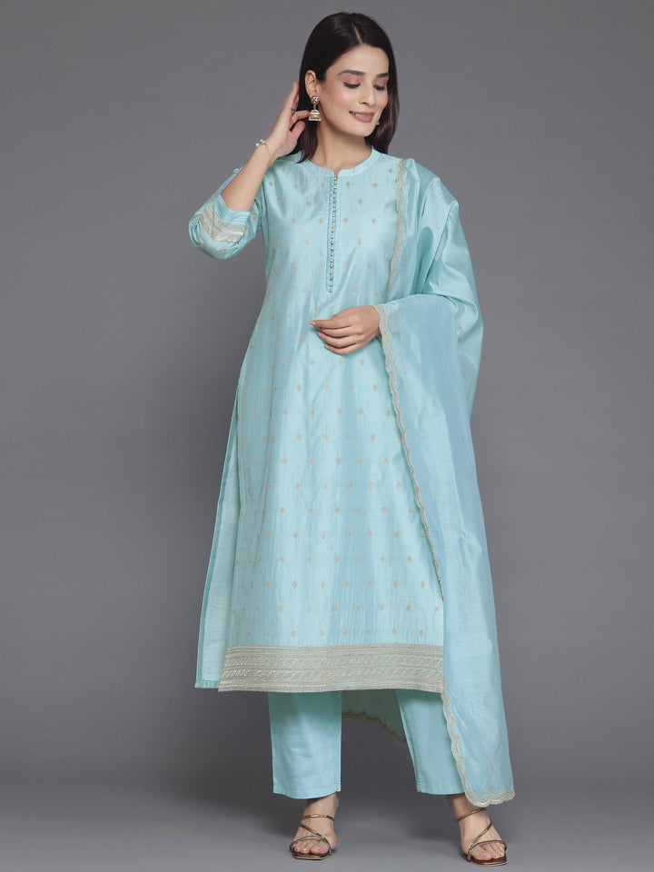 Blue Embroidered Chanderi Silk Straight Suit With Dupatta - Libas