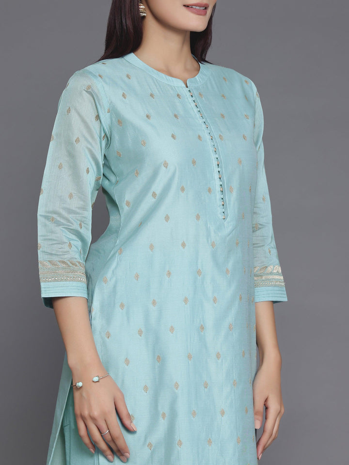 Blue Embroidered Chanderi Silk Straight Suit With Dupatta - Libas