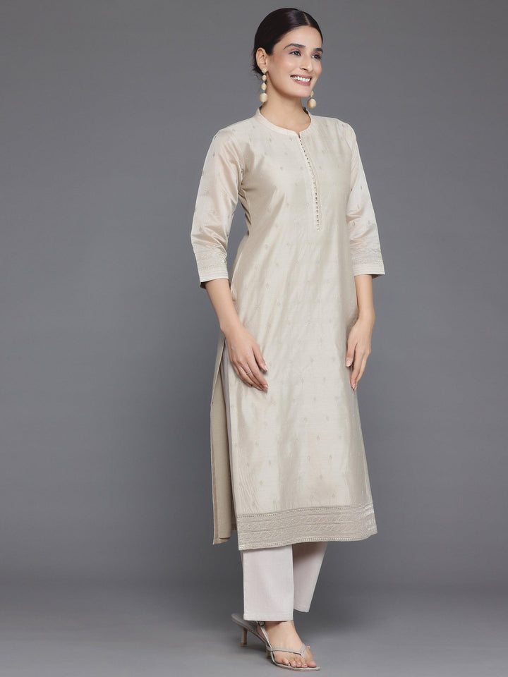 Beige Embroidered Chanderi Silk Straight Suit With Dupatta - Libas