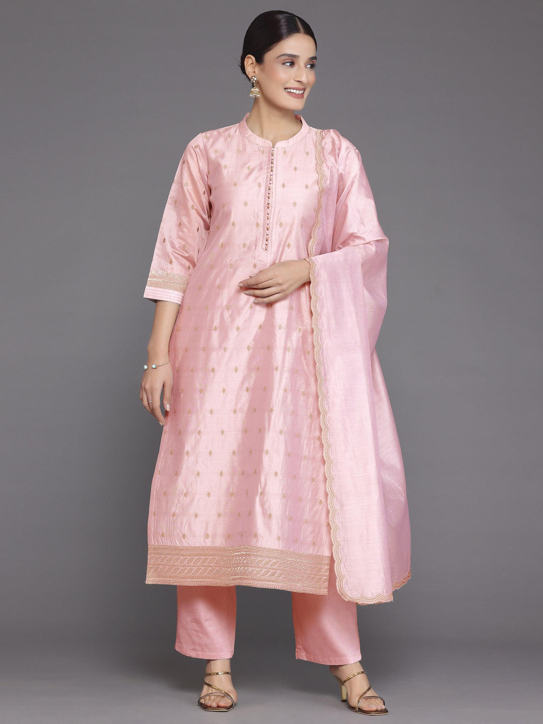 Pink Embroidered Chanderi Silk Straight Suit With Dupatta - Libas