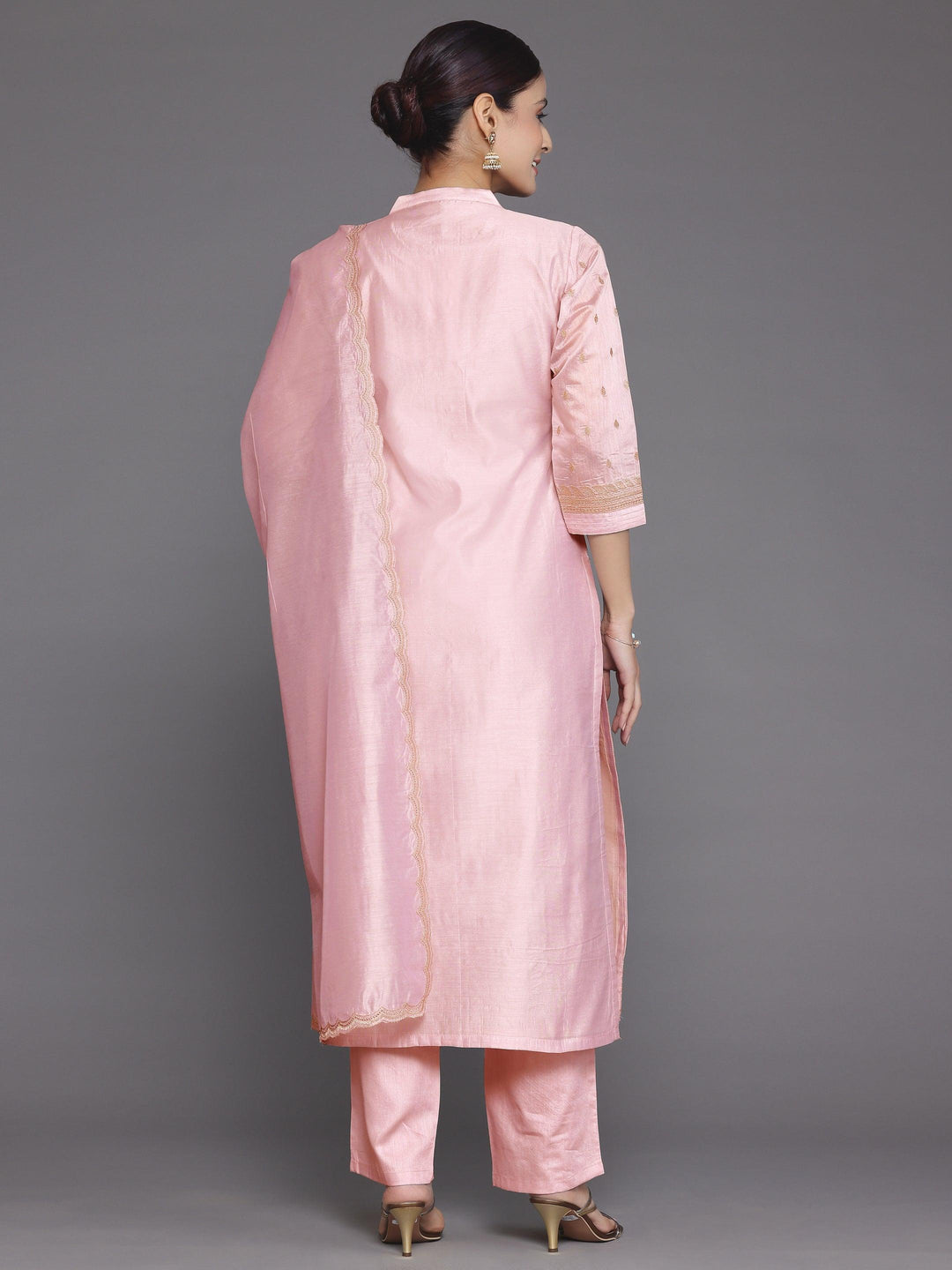 Pink Embroidered Chanderi Silk Straight Suit With Dupatta - Libas