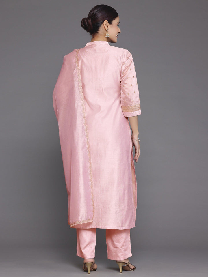 Pink Embroidered Chanderi Silk Straight Suit With Dupatta - Libas