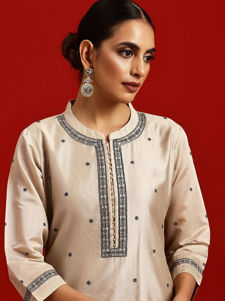 Libas Art Beige Embroidered Chanderi Silk Straight Suit With Dupatta - Libas