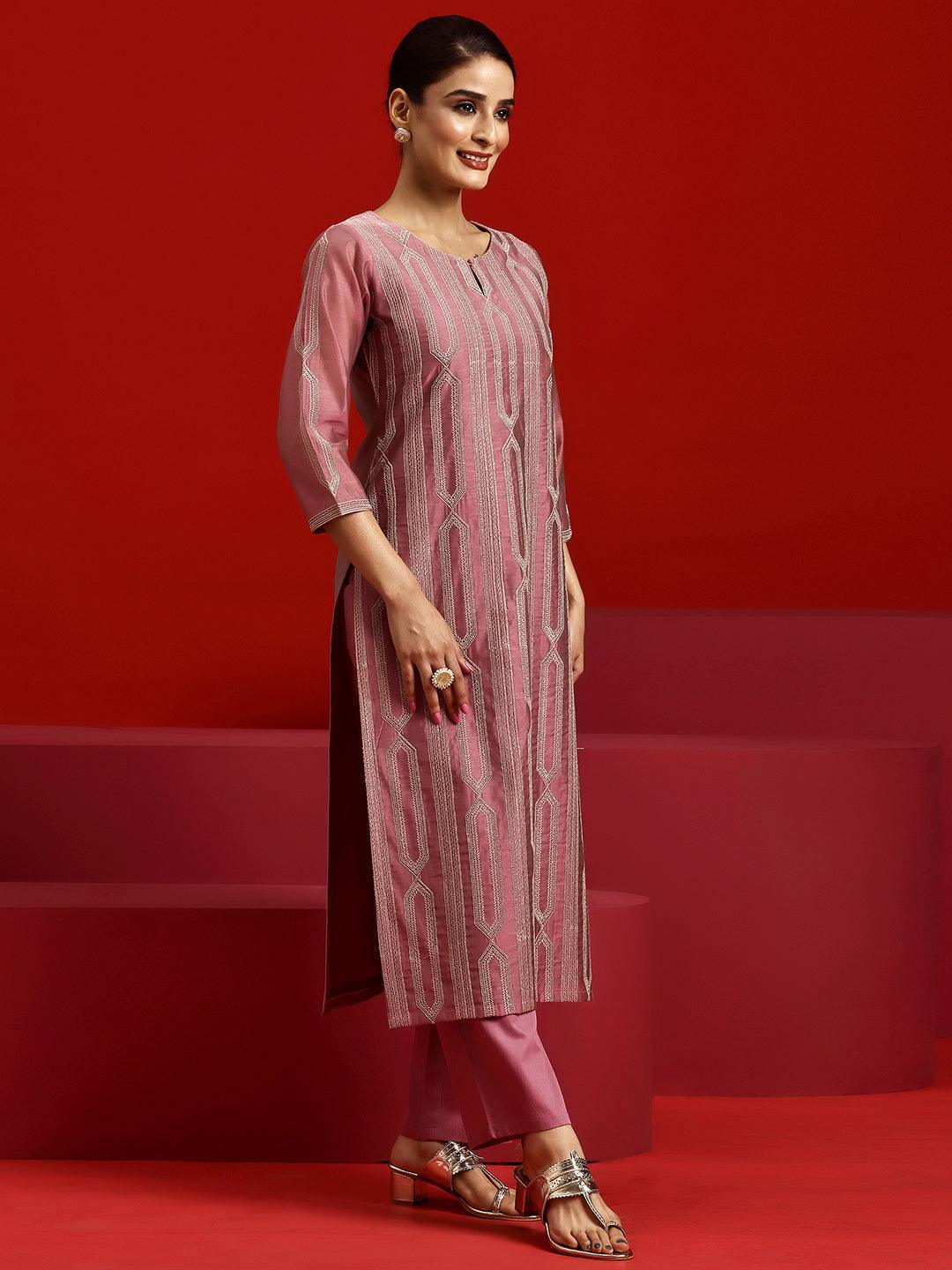 Libas Art Pink Embroidered Chanderi Silk Straight Suit With Dupatta - Libas