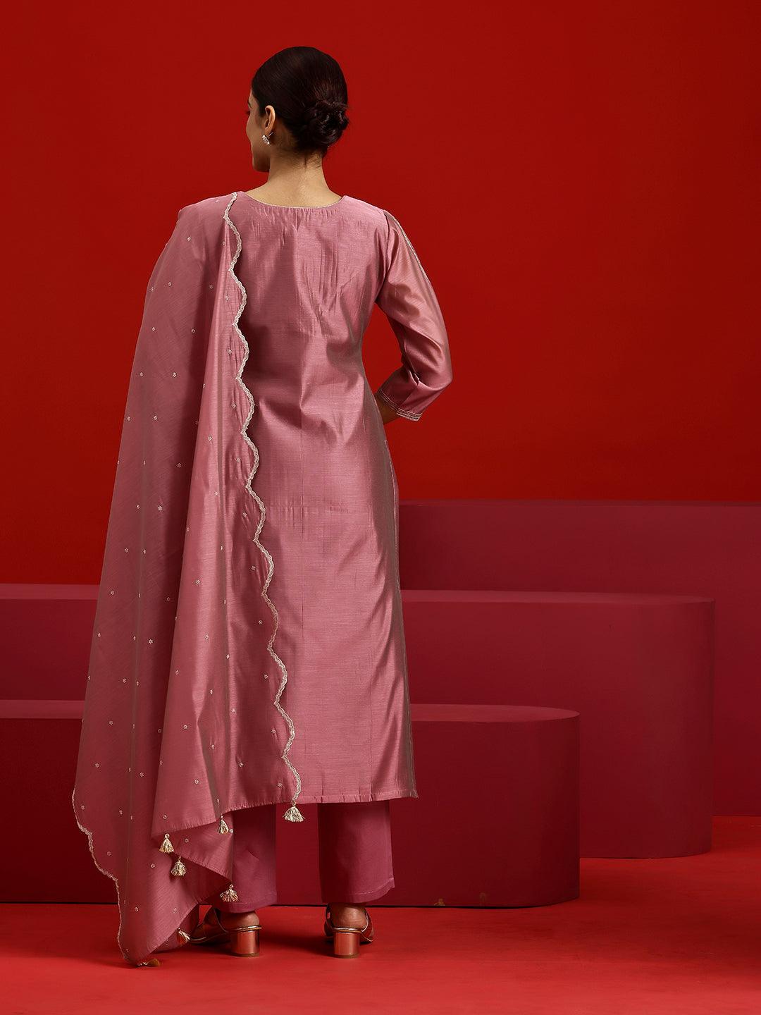 Libas Art Pink Embroidered Chanderi Silk Straight Suit With Dupatta - Libas