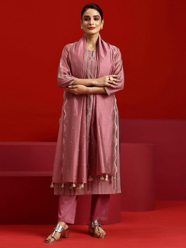 Libas Art Pink Embroidered Chanderi Silk Straight Suit With Dupatta - Libas