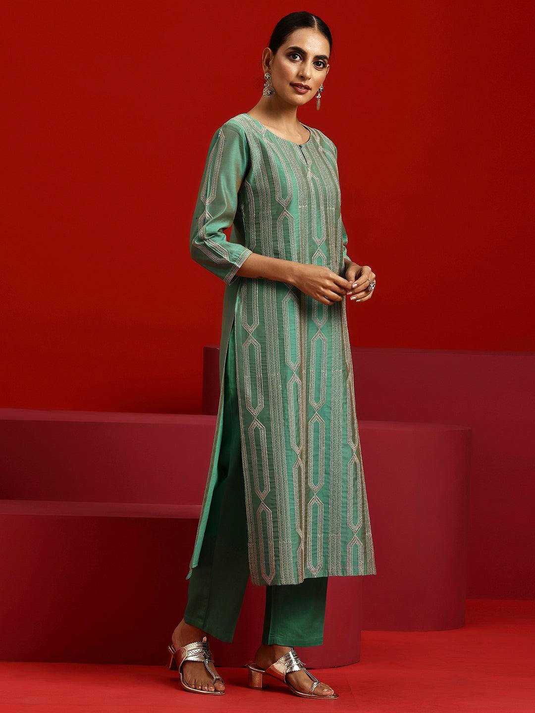 Libas Art Green Embroidered Chanderi Silk Straight Suit With Dupatta - Libas 