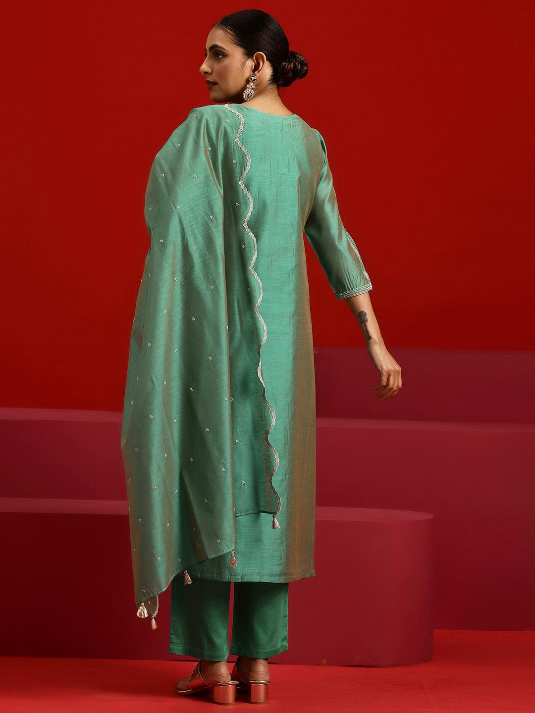 Libas Art Green Embroidered Chanderi Silk Straight Suit With Dupatta - Libas 