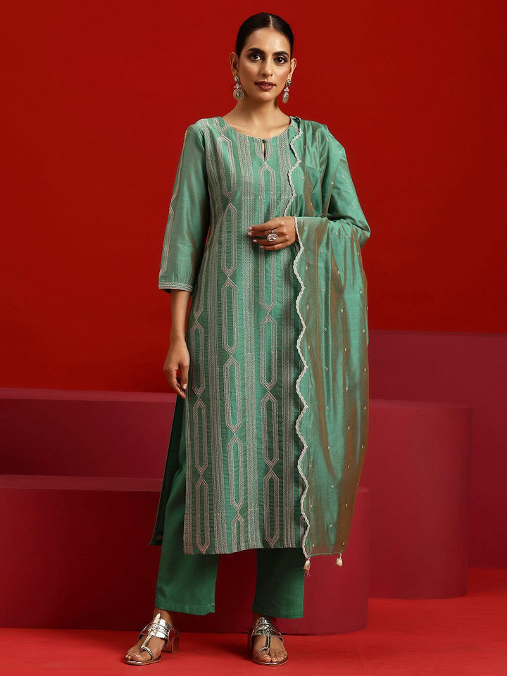 Libas Art Green Embroidered Chanderi Silk Straight Suit With Dupatta - Libas