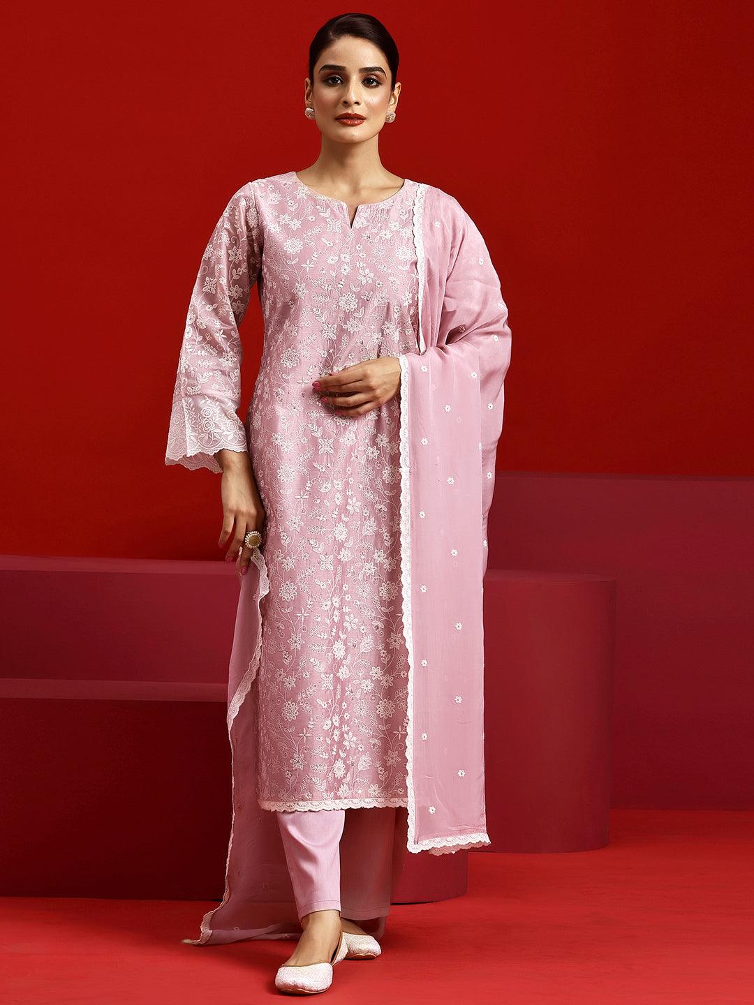 Libas Art Pink Embroidered Chanderi Silk Straight Suit With Dupatta - Libas