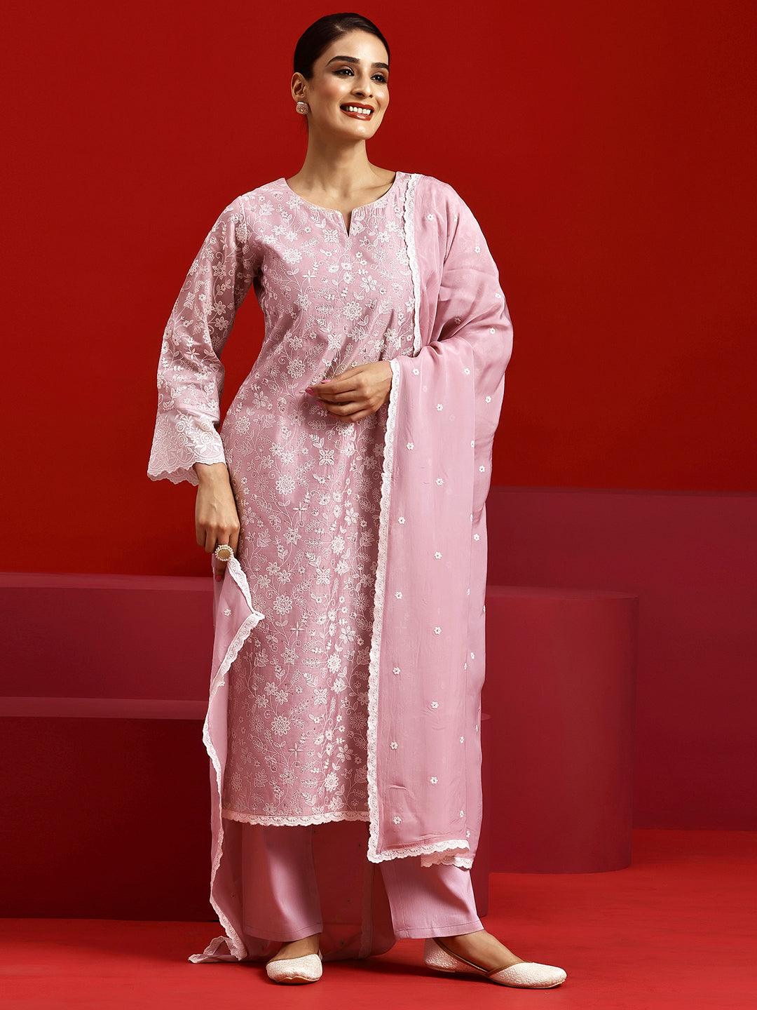 Libas Art Pink Embroidered Chanderi Silk Straight Suit With Dupatta - Libas