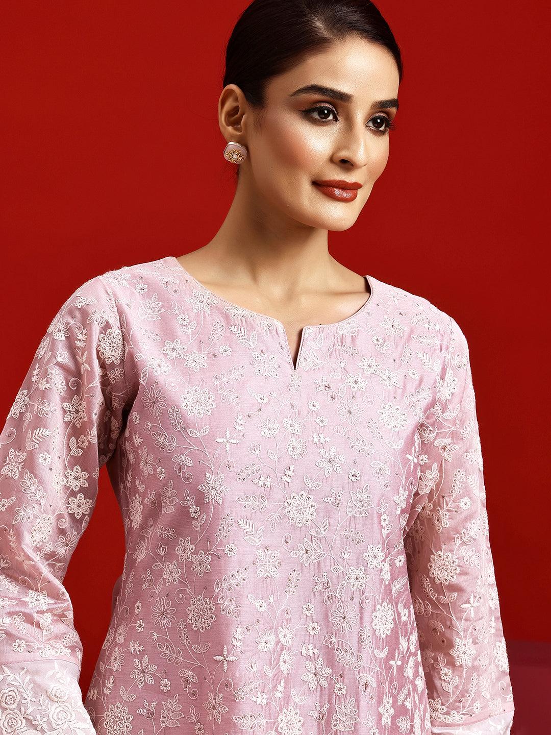 Libas Art Pink Embroidered Chanderi Silk Straight Suit With Dupatta - Libas