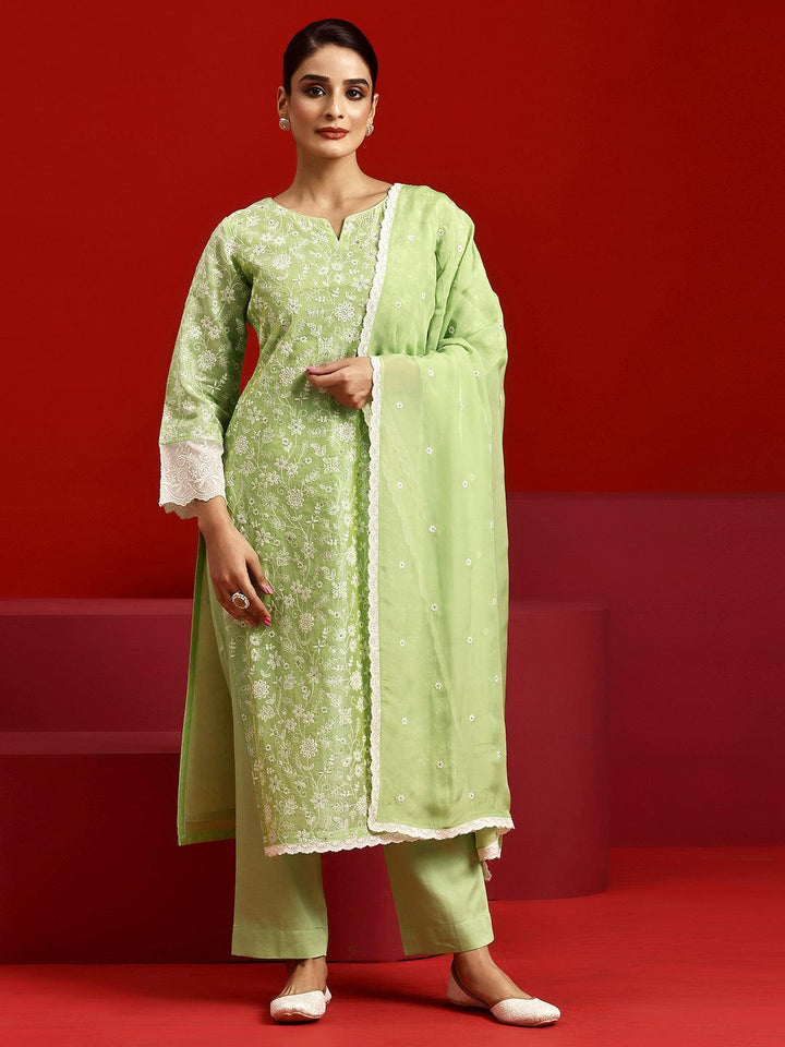 Libas Art Green Embroidered Chanderi Silk Straight Suit With Dupatta - Libas