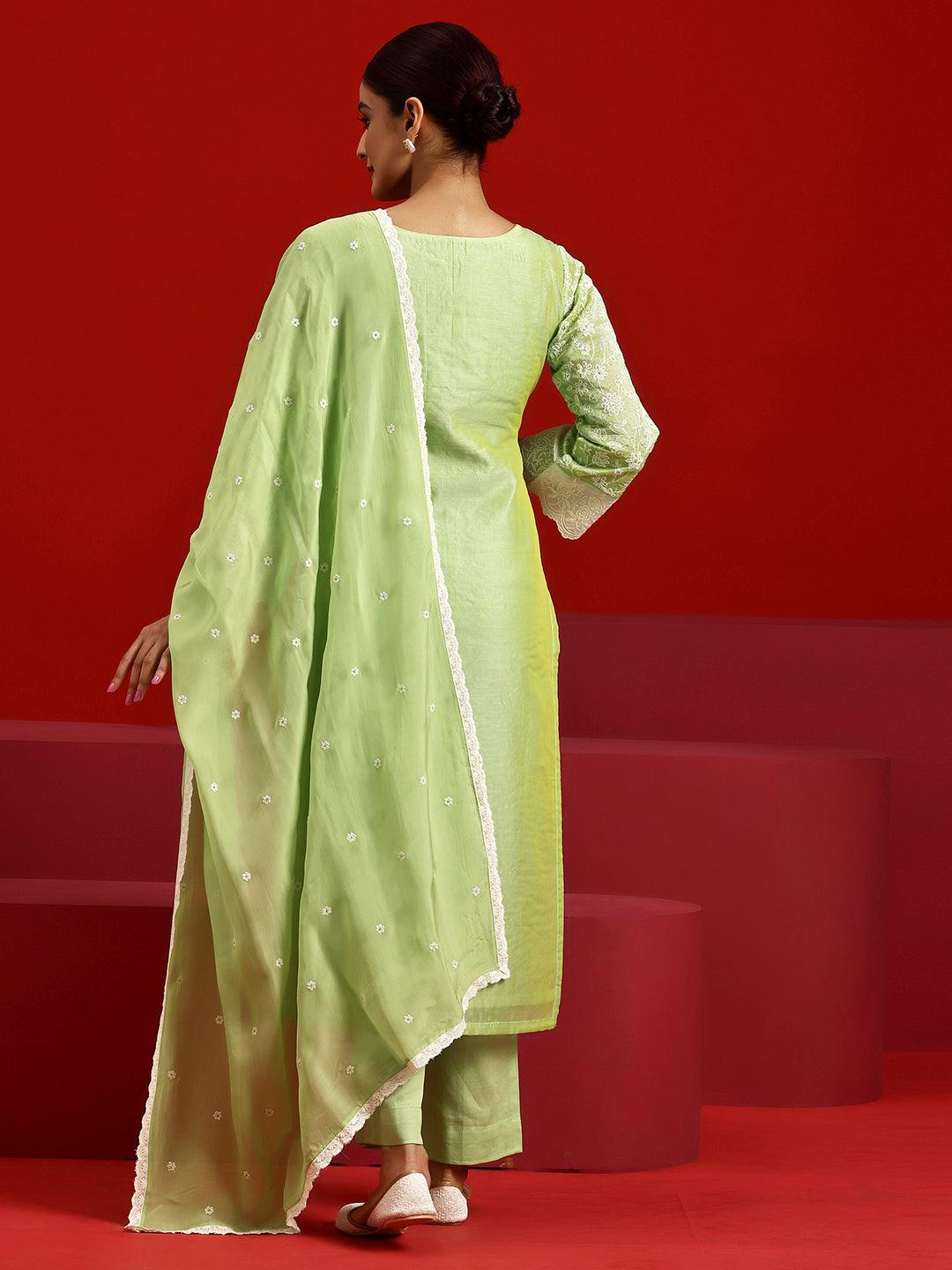 Libas Art Green Embroidered Chanderi Silk Straight Suit With Dupatta - Libas