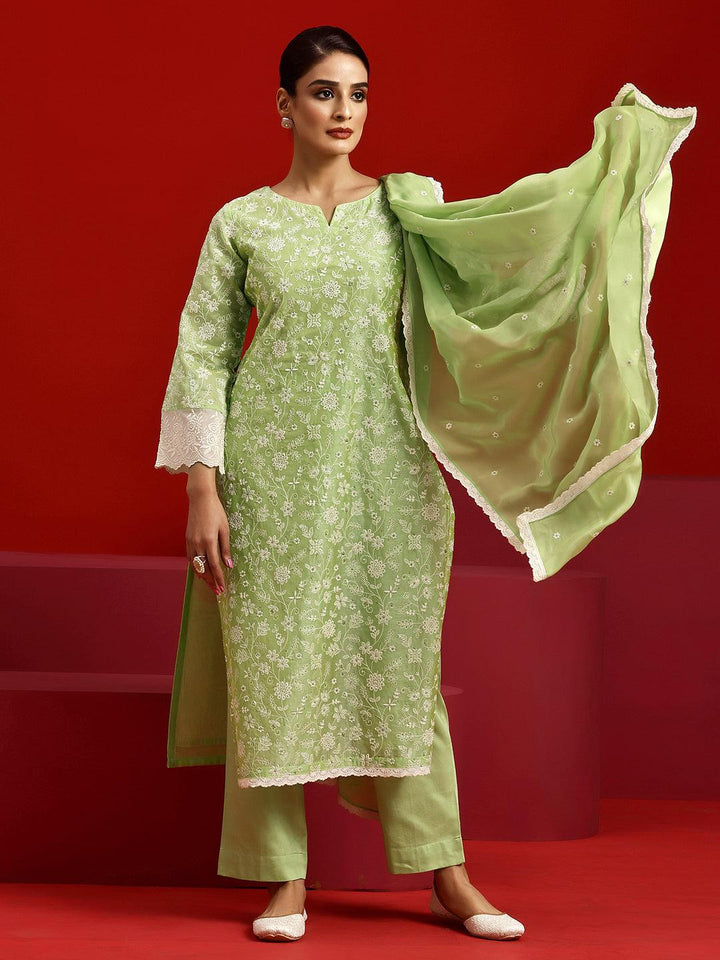 Libas Art Green Embroidered Chanderi Silk Straight Suit With Dupatta - Libas