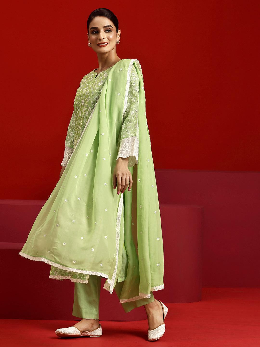 Libas Art Green Embroidered Chanderi Silk Straight Suit With Dupatta - Libas