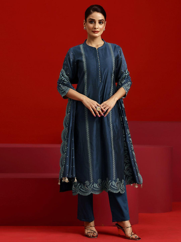 Libas Art Blue Embroidered Chanderi Silk Straight Suit With Dupatta - Libas