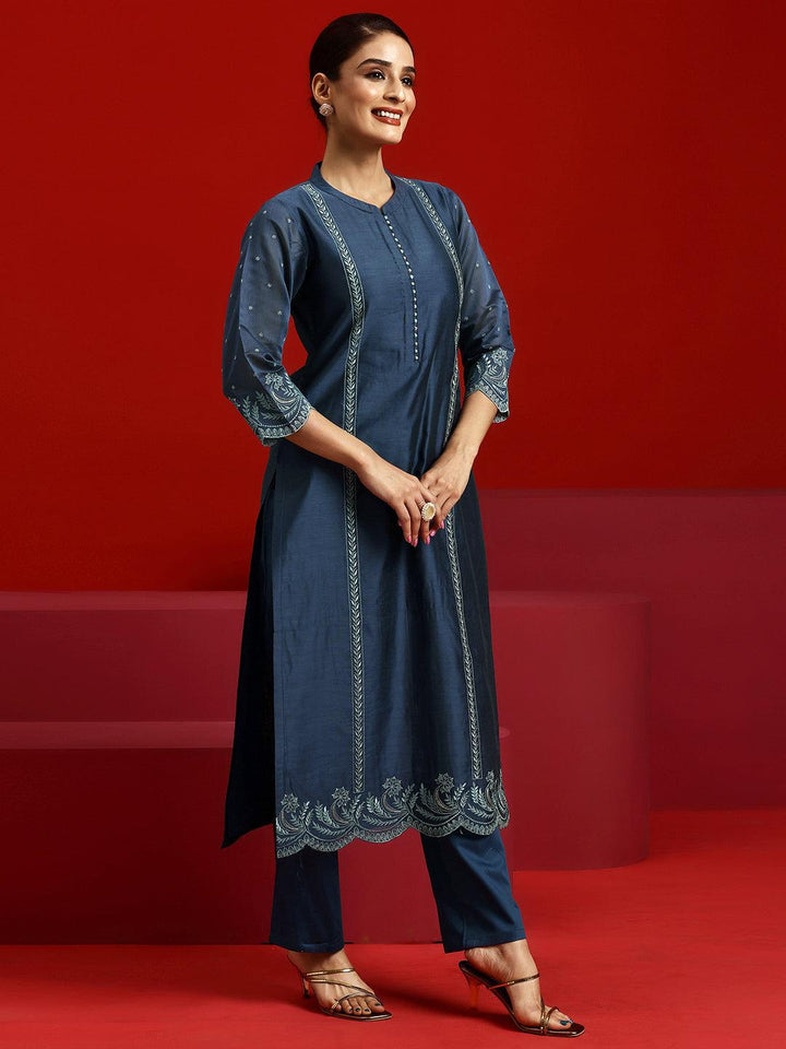 Libas Art Blue Embroidered Chanderi Silk Straight Suit With Dupatta - Libas