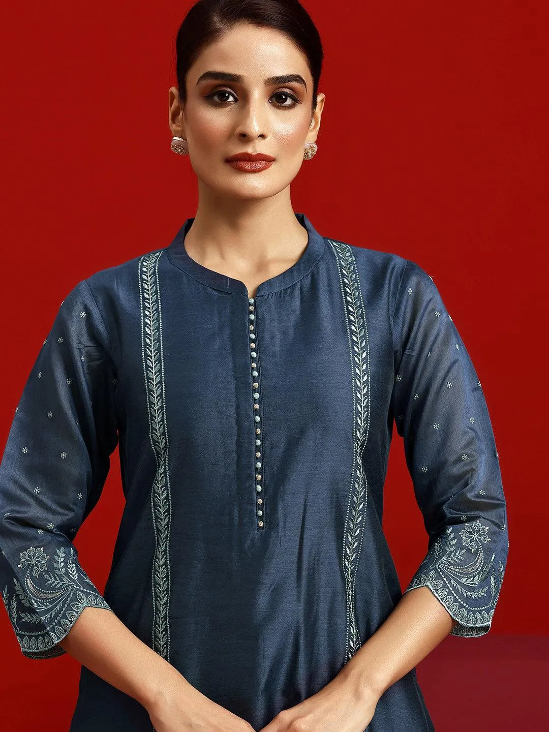 Libas Art Blue Embroidered Chanderi Silk Straight Suit With Dupatta - Libas