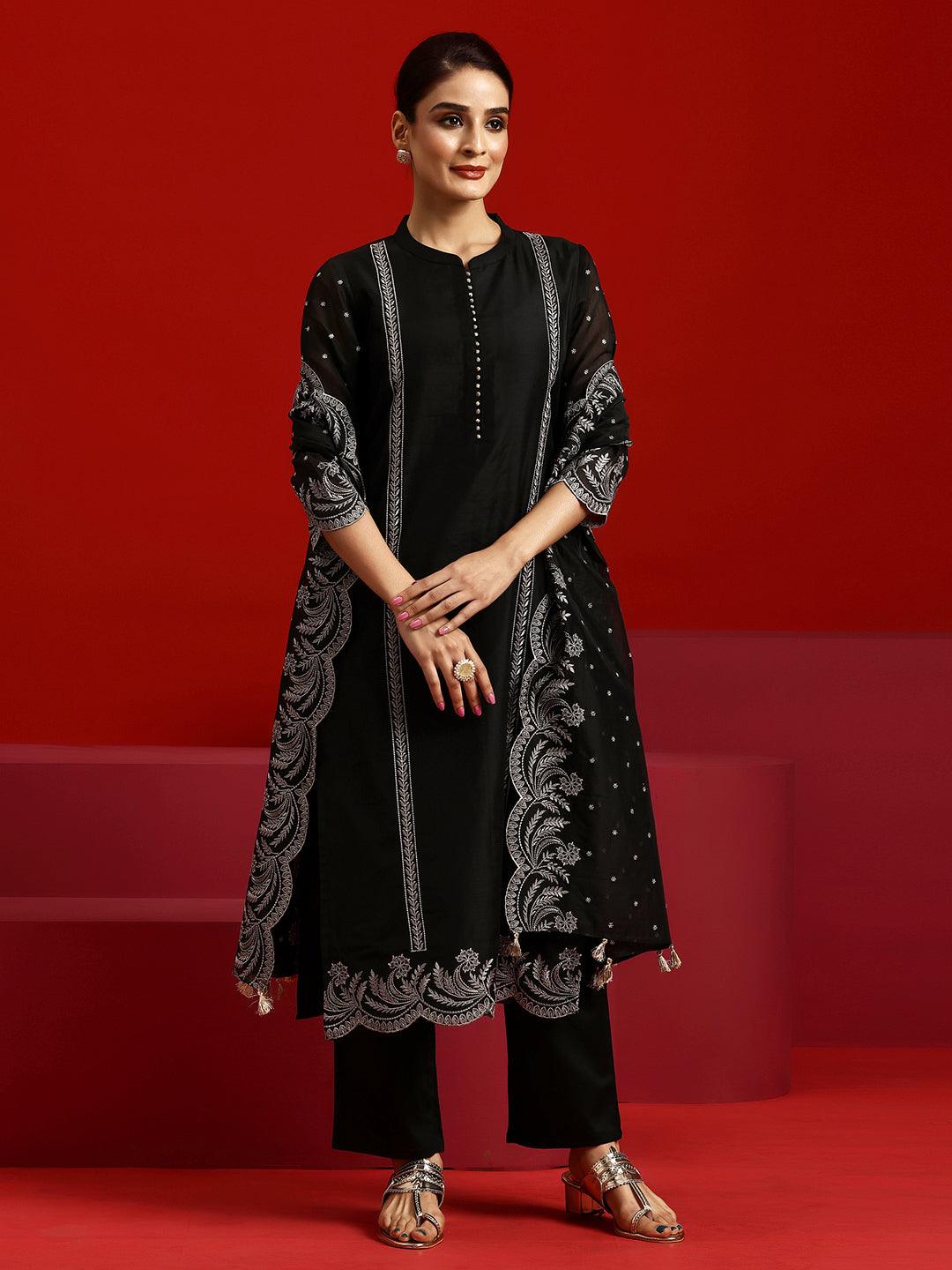 Libas Art Black Embroidered Chanderi Silk Straight Suit With Dupatta - Libas