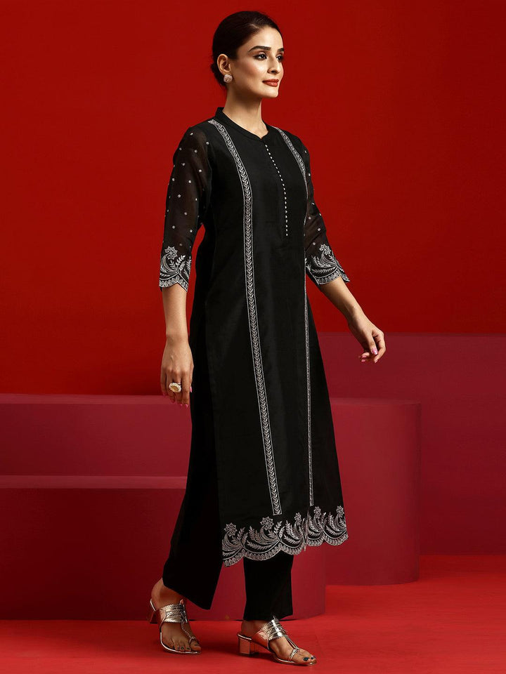 Libas Art Black Embroidered Chanderi Silk Straight Suit With Dupatta - Libas