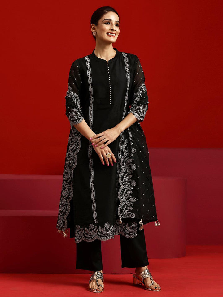 Libas Art Black Embroidered Chanderi Silk Straight Suit With Dupatta - Libas