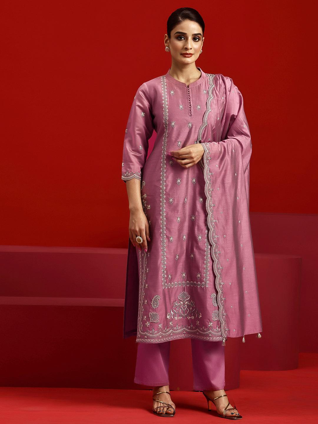 Libas Art Mauve Embroidered Chanderi Silk Straight Suit With Dupatta - Libas