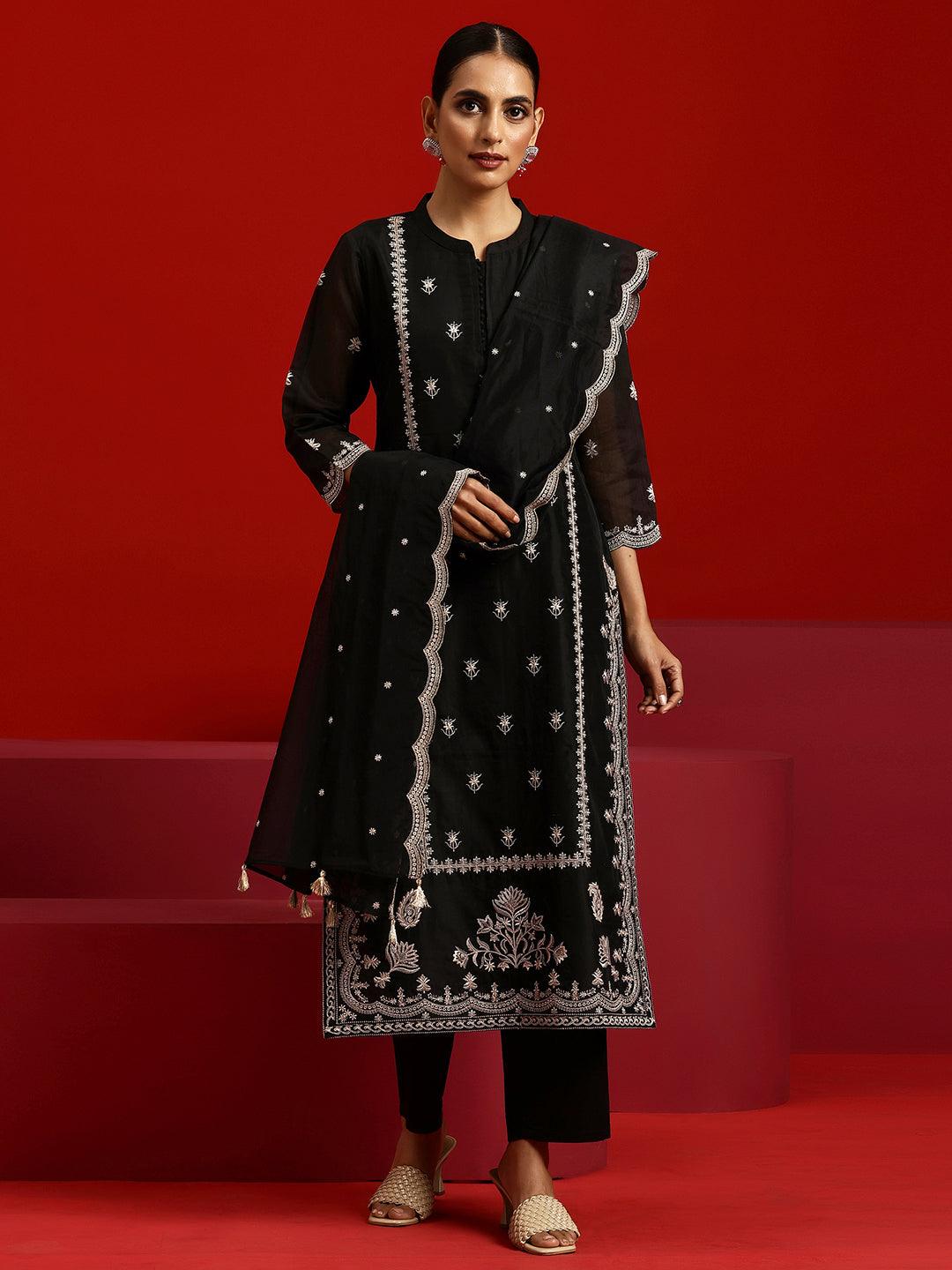 Libas Art Black Embroidered Chanderi Silk Straight Suit With Dupatta - Libas