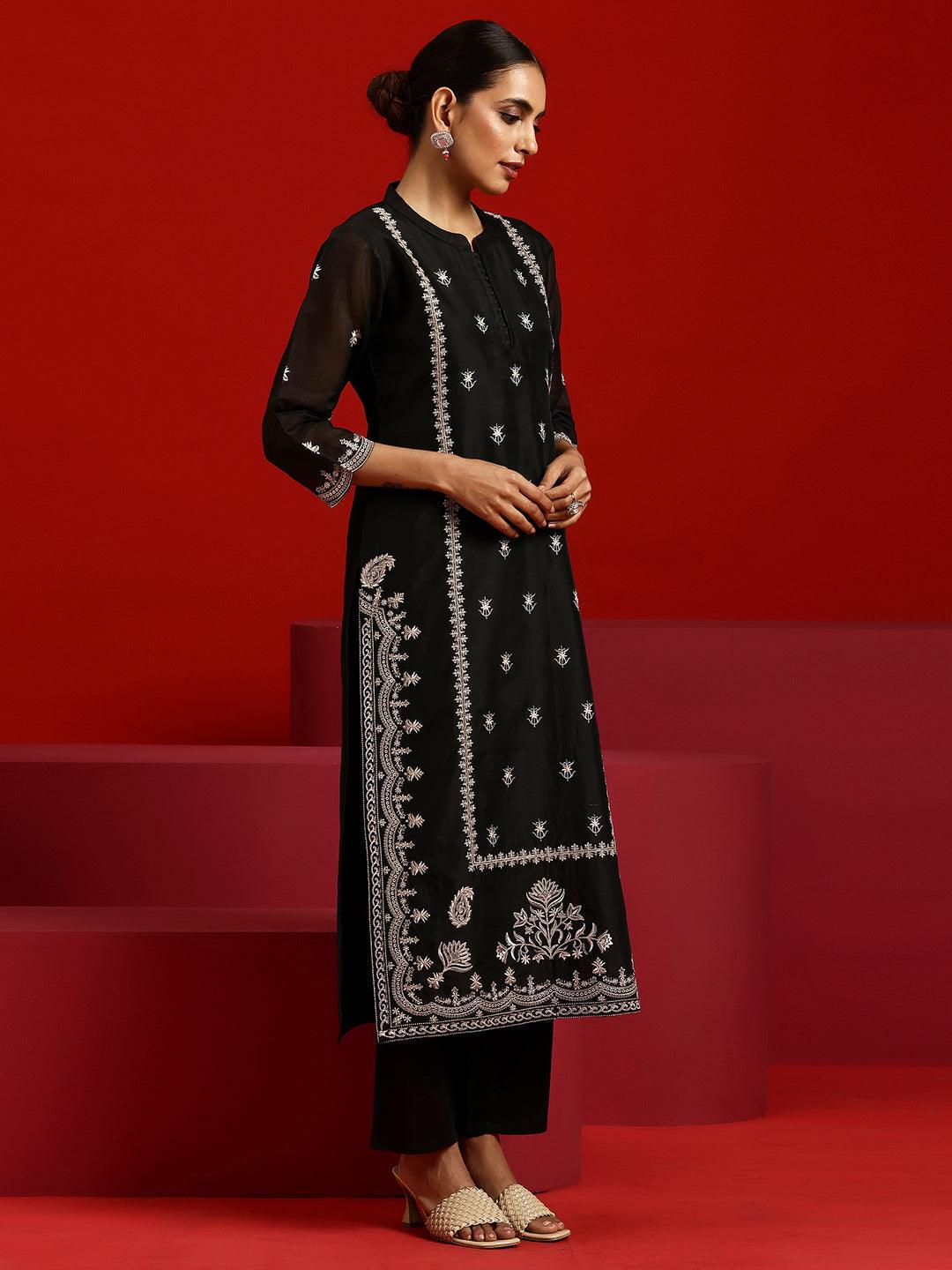 Libas Art Black Embroidered Chanderi Silk Straight Suit With Dupatta - Libas 