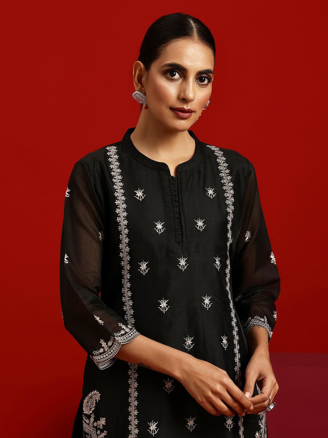 Libas Art Black Embroidered Chanderi Silk Straight Suit With Dupatta - Libas 