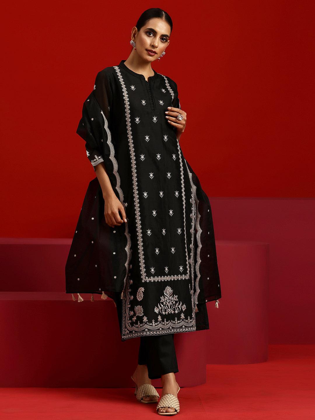 Libas Art Black Embroidered Chanderi Silk Straight Suit With Dupatta - Libas