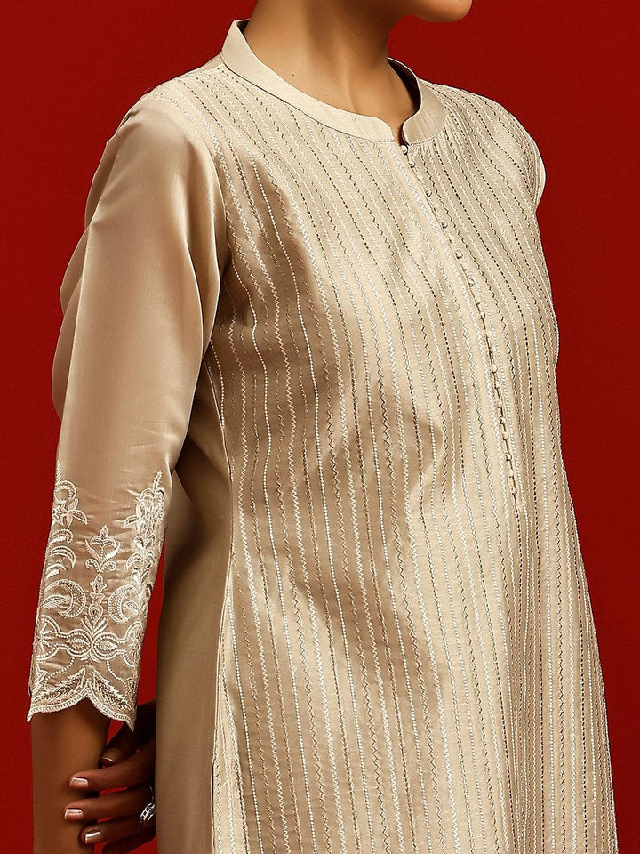 Libas Art Beige Embroidered Chanderi Silk Straight Suit With Dupatta - Libas