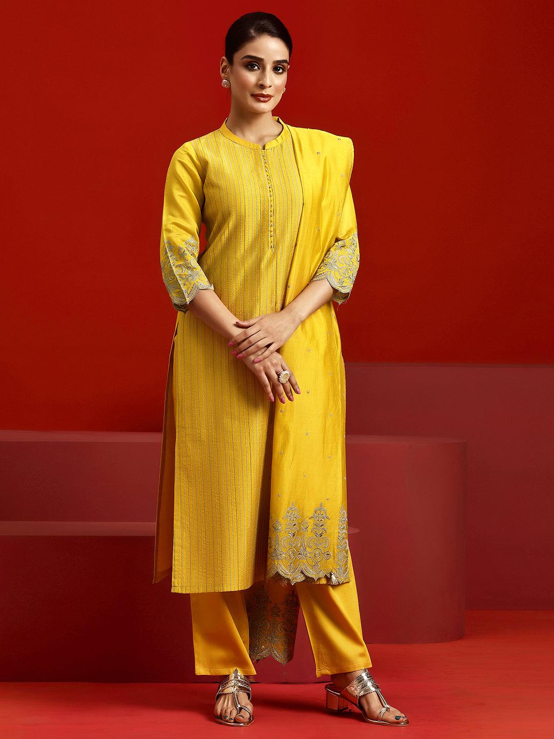 Libas Art Yellow Embroidered Chanderi Silk Straight Suit With Dupatta - Libas