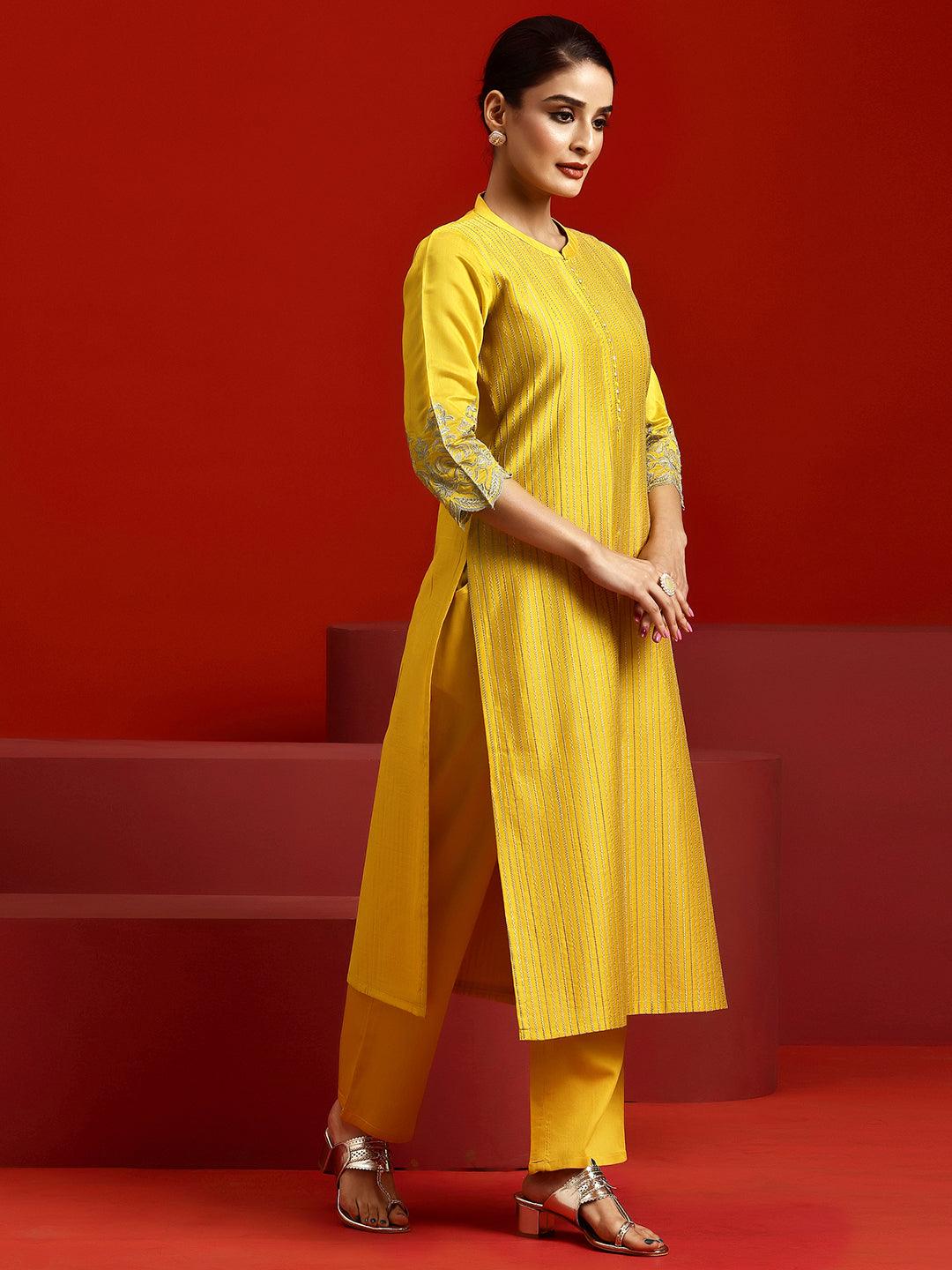 Libas Art Yellow Embroidered Chanderi Silk Straight Suit With Dupatta - Libas