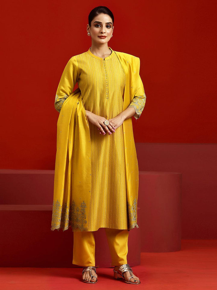 Libas Art Yellow Embroidered Chanderi Silk Straight Suit With Dupatta - Libas