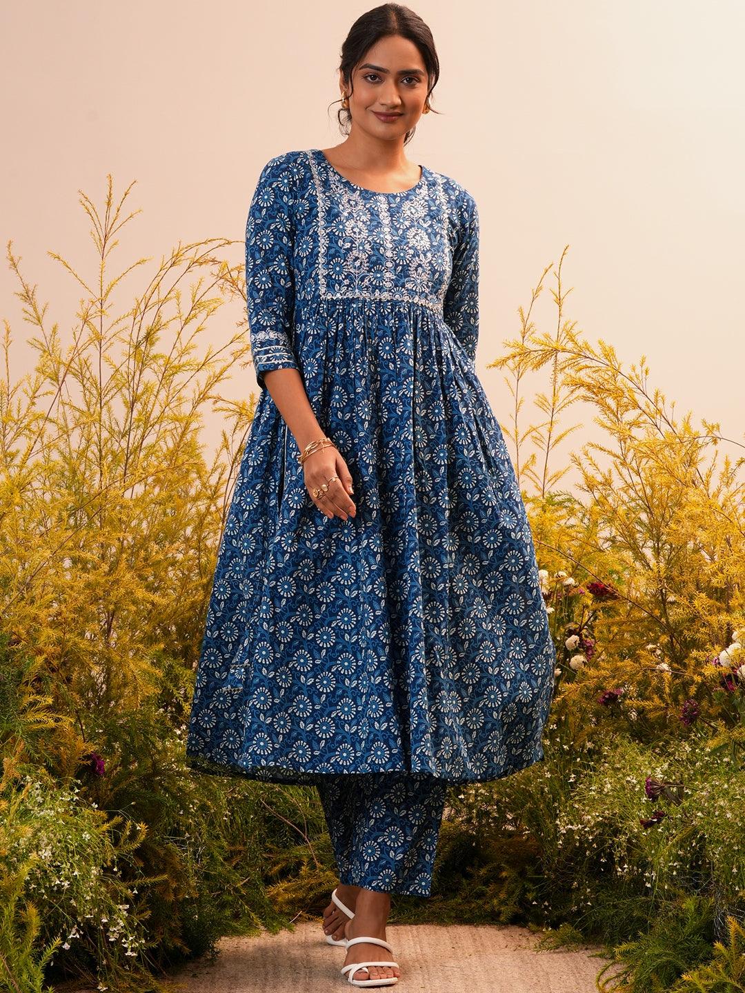 Indigo Printed Cotton A-Line Kurta With Trousers - Libas 