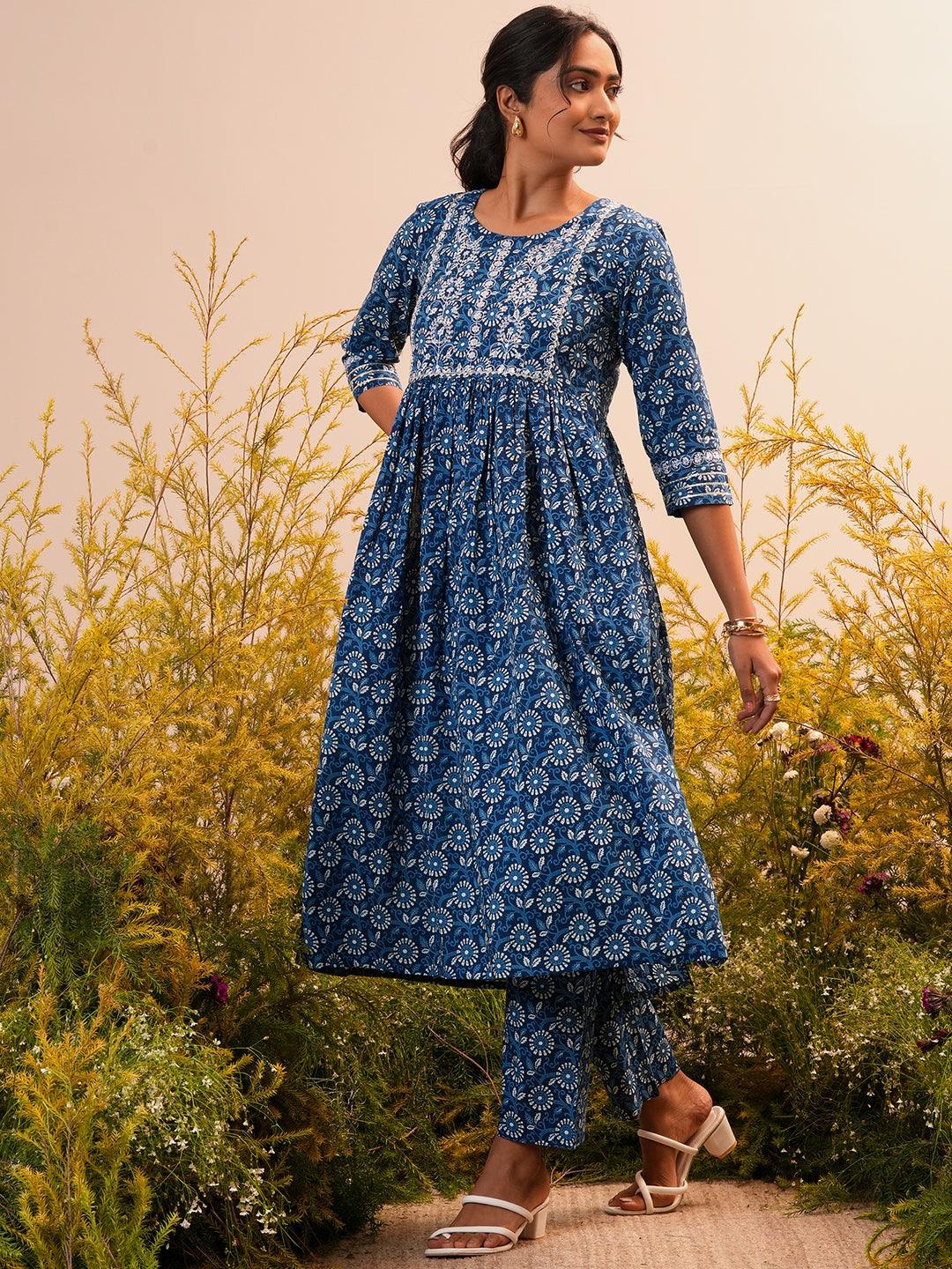 Indigo Printed Cotton A-Line Kurta With Trousers - Libas 