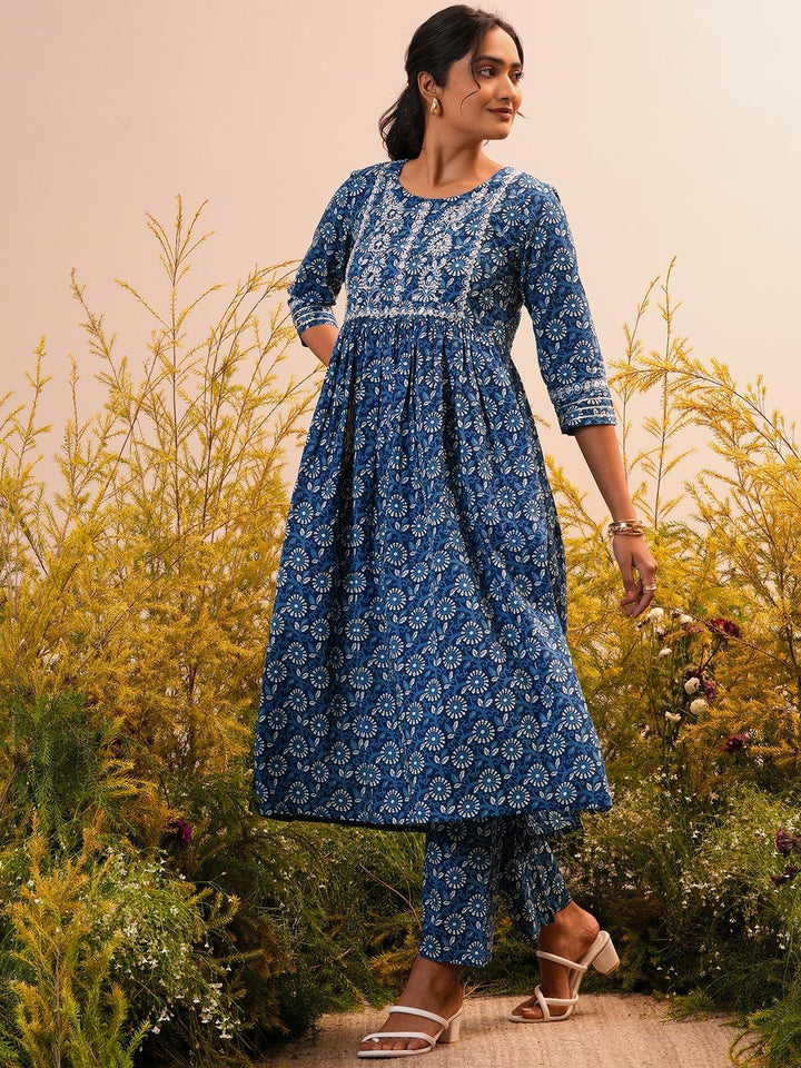 Indigo Printed Cotton A-Line Kurta With Trousers - Libas