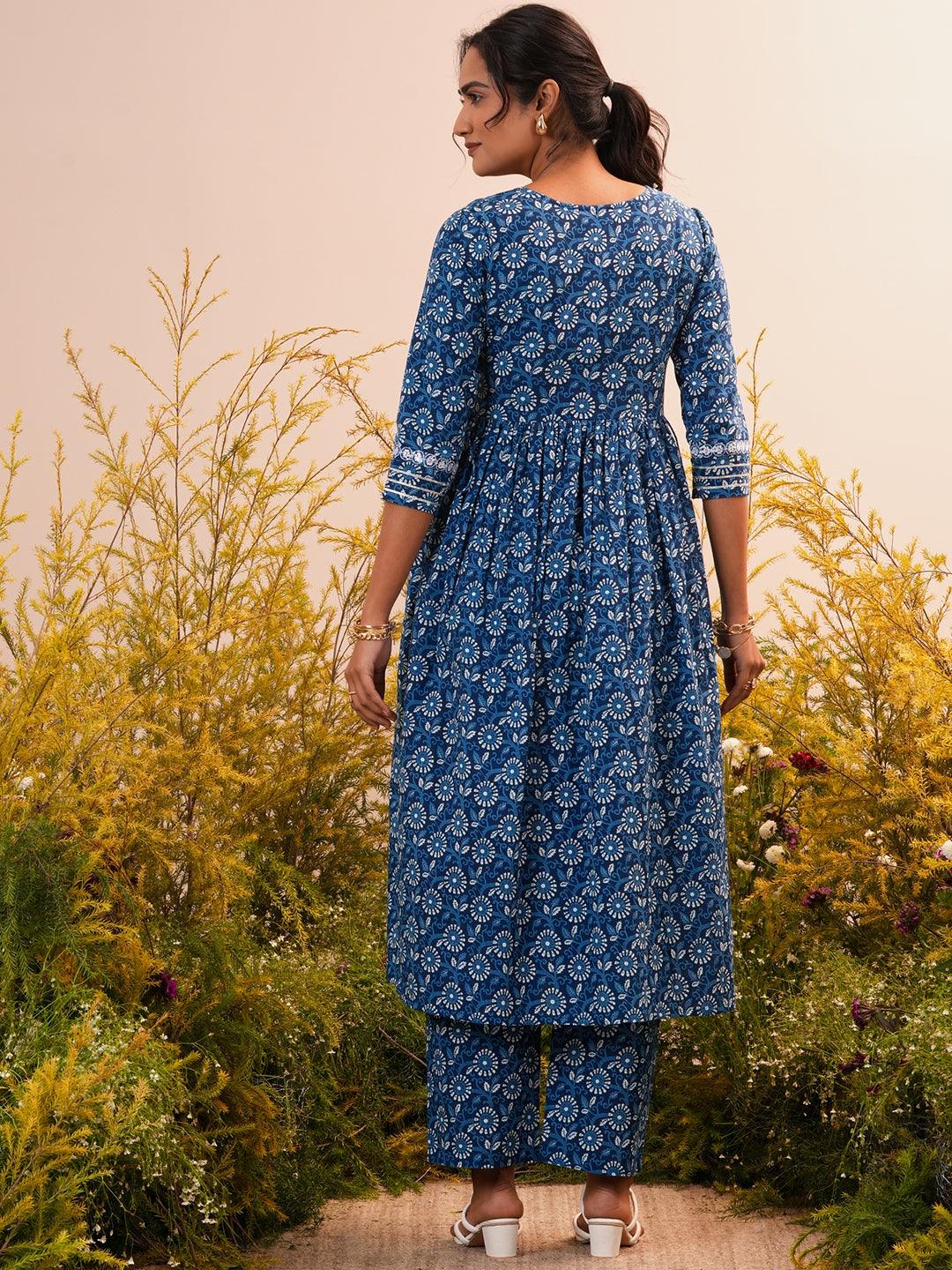 Indigo Printed Cotton A-Line Kurta With Trousers - Libas