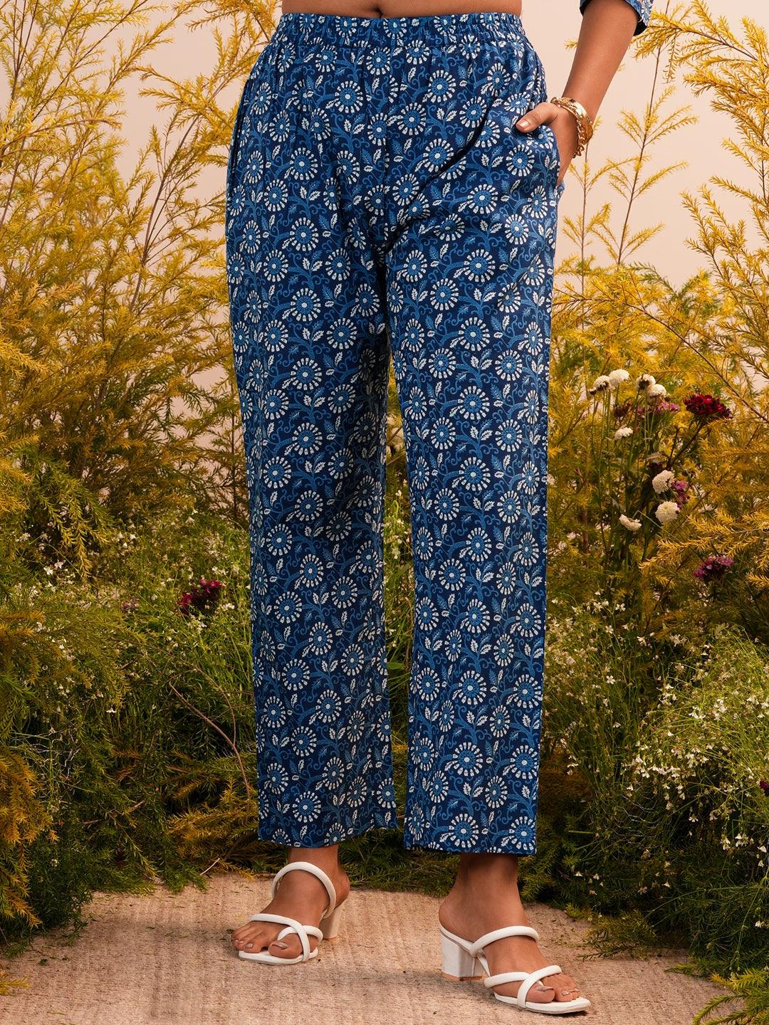 Indigo Printed Cotton A-Line Kurta With Trousers - Libas 