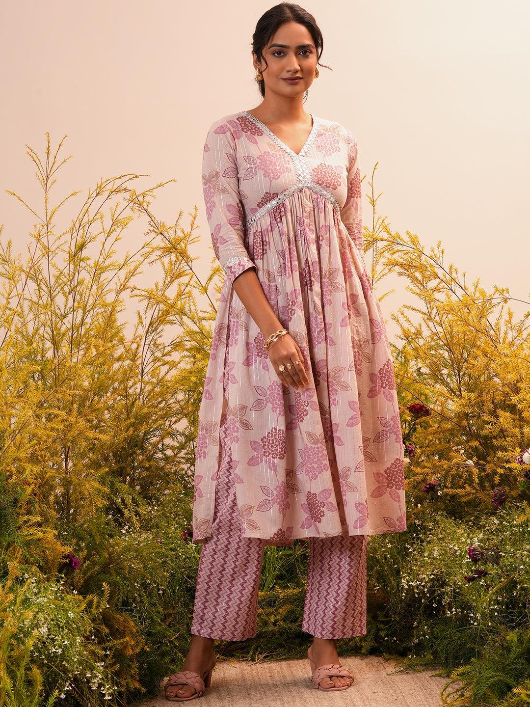 Mauve Printed Cotton A-Line Kurta With Trousers - Libas